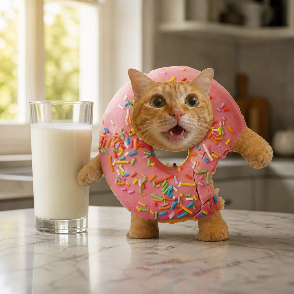 Donut Cat next to a glass of milk